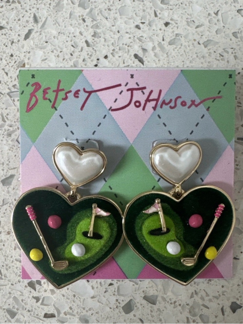 Betsey Johnson Earrings Heart Golf Double Drop Earrings Green - NEW
